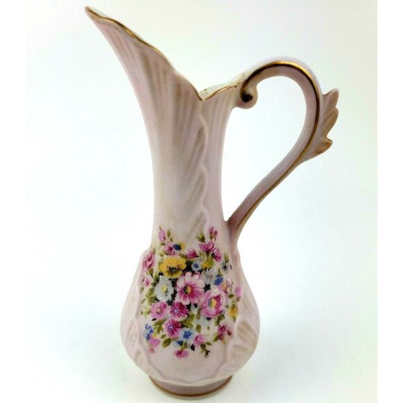 Lefton China Pink Vase Pitcher Hand Painted Flowers 6 inch Tall with Gold Trim - Picture 1 of 8